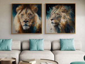 זוג אריות בהדפס על קנבס