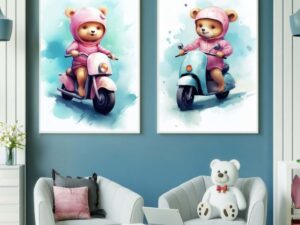 זוג דובים באופנוע בהדפס על קנבס