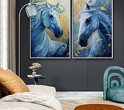 "זוג סוסים" גוונים כחול וצהוב בהדפס על קנבס