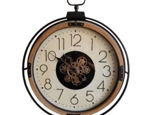 שעון קיר מנגנון גלוי דמוי עץ רקע לבן